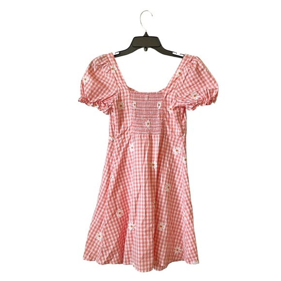 Altar'd State Short Dress Women's Size XS Pink White Daisy GIngham Puff Sleeves - Picture 4 of 6